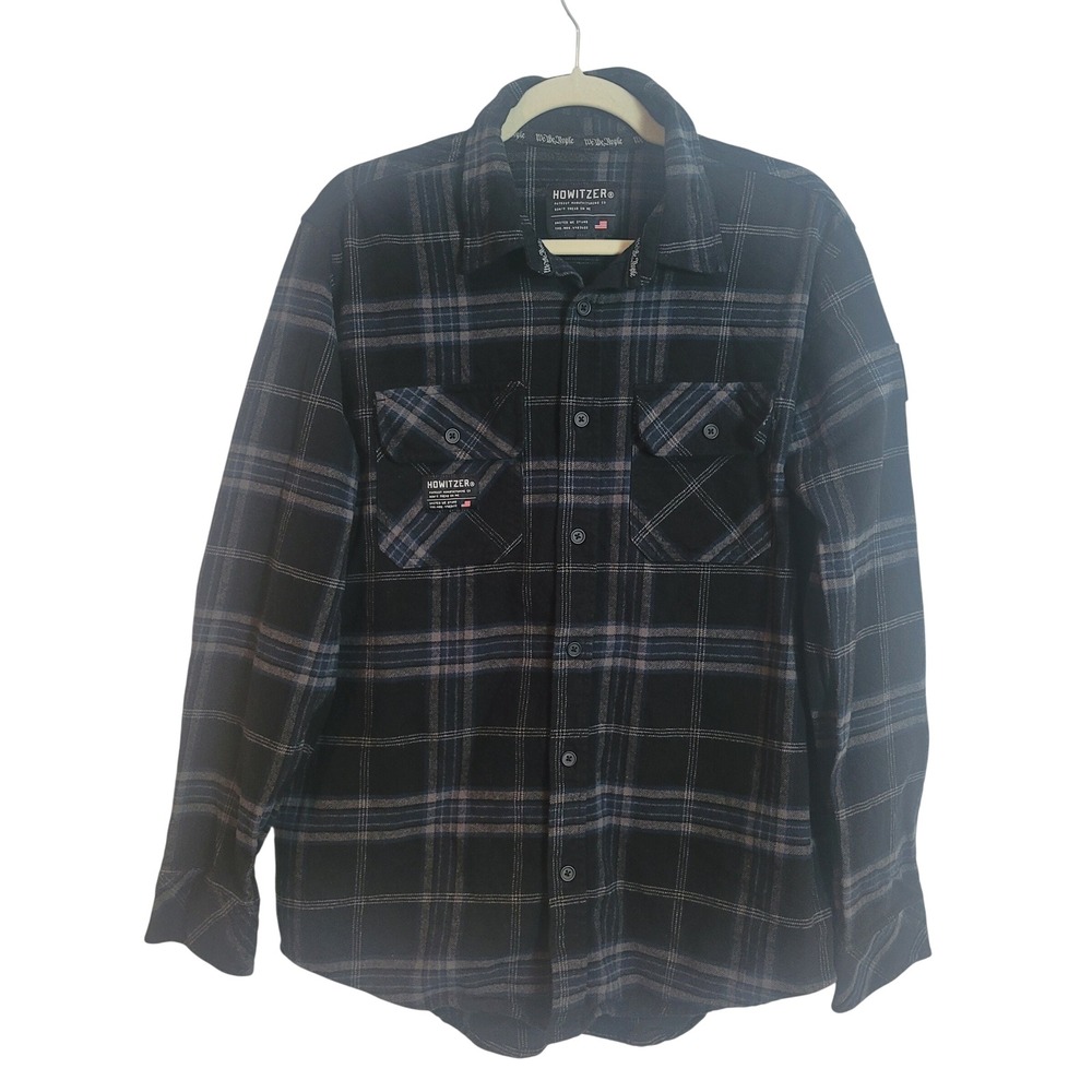 Howitzer Men Black Blue Plaid Flannel We The People Patch Shirt Large Patriotic